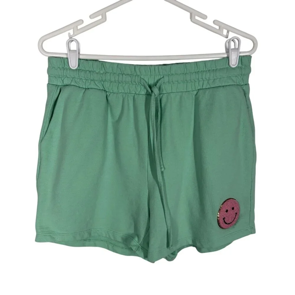 Judith March Women Size L Green Casual Lounge Preppy Smiley Face Sweat Shorts